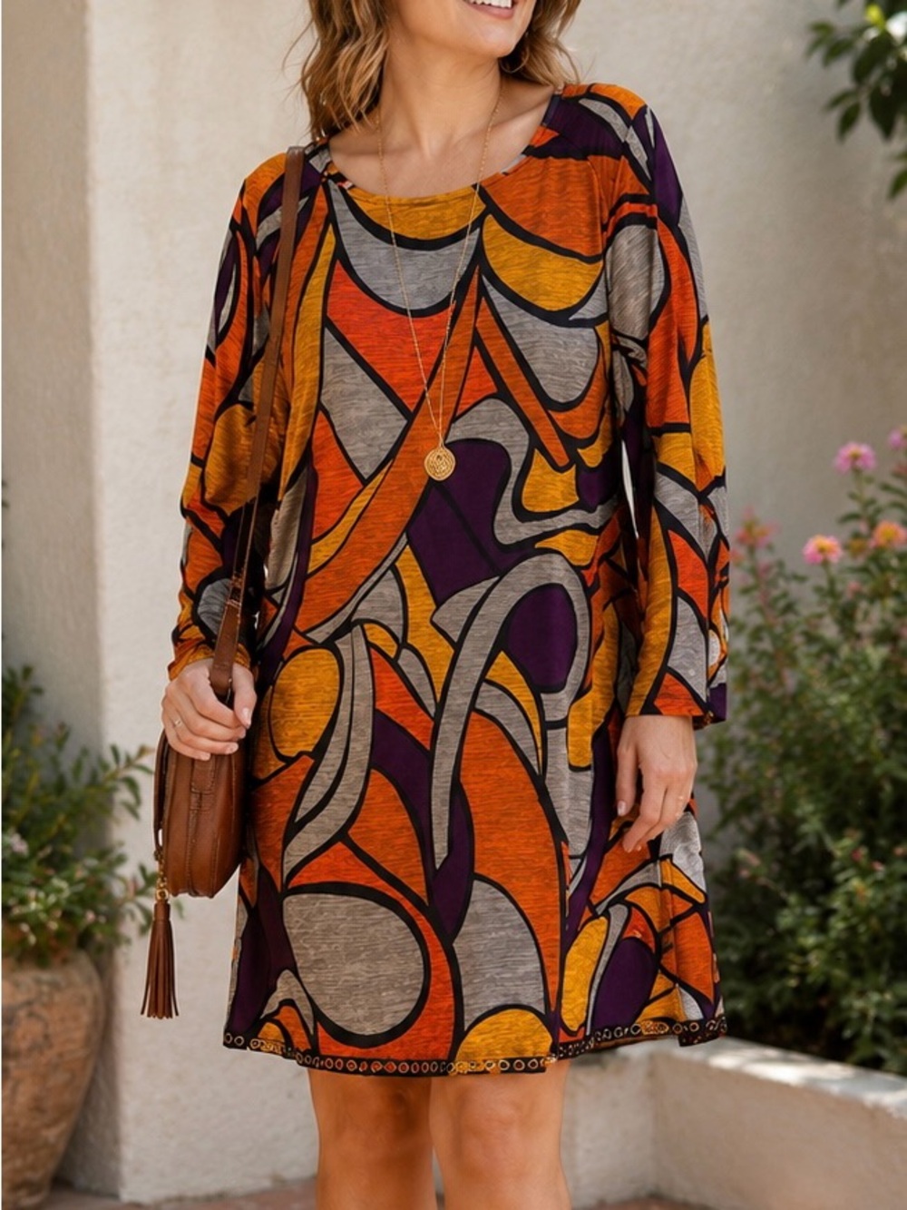 MSK Abstract Print Swing Dress Large Boho Artsy Fall Knit Grommet Hem